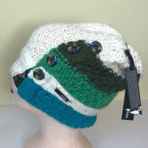 Nobis NEW Wool Sweater Knit Toque Beanie Hat Boho Color Block Neutral Unisex Tan